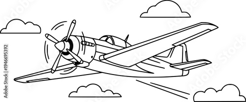 Simple Outline of a Propeller Airplane Flying Among Clouds
