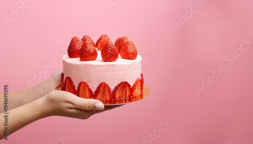 hand holding strawberry cake pink background