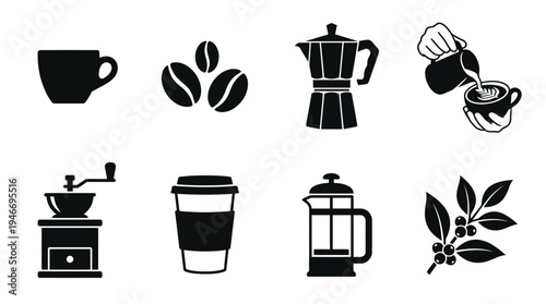 Coffee Culture Vector – Brewing Methods, Beans, Cups, Grinder, French Press Graphic