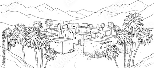 Sketch of a desert village with mountains and palm tree
