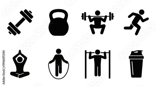Fitness Icons Vector – Exercise Equipment, Workout Activities, Gym Training Graphic