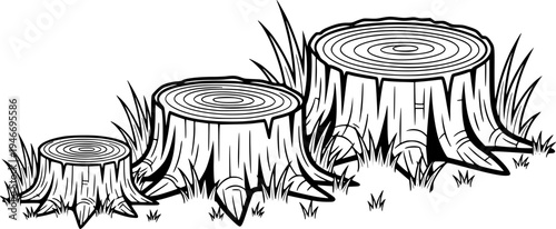 Three cartoon tree stumps of varying sizes with grass
