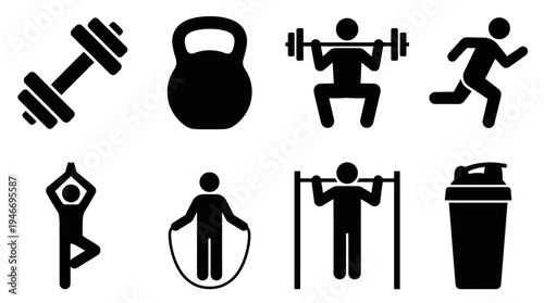 Fitness Icons Vector – Exercise Equipment, Workout Activities, Gym Training Graphic