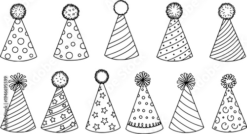 Collection of Birthday Party Hats with Various Designs
