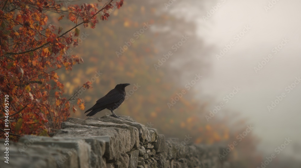 Fototapeta premium Black crow sitting on stone wall in autumn forest. Misty landscape with orange leaves on tree branch. Atmospheric wildlife scene during fall season. Concept of mystery, nature and silence.