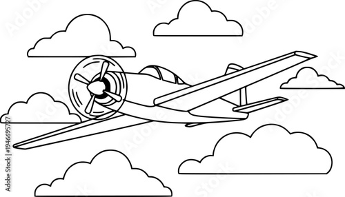 Simple Outline of a Propeller Airplane Flying Among Clouds
