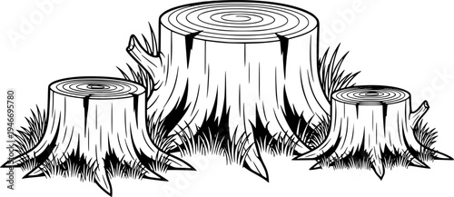 Three cartoon tree stumps of varying sizes with grass
