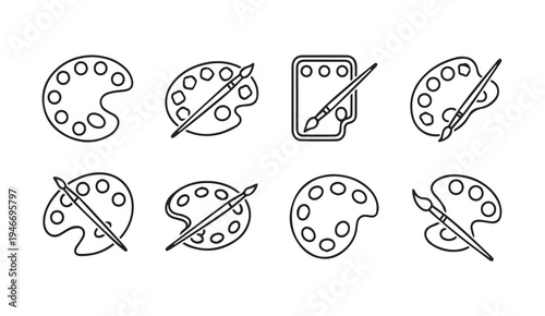 Artist Palette and Brush Icons Set Outline Drawing Creative Art Supplies Studio Tools Isolated on White