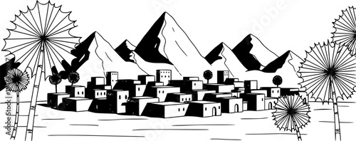 Sketch of a desert village with mountains and palm tree
