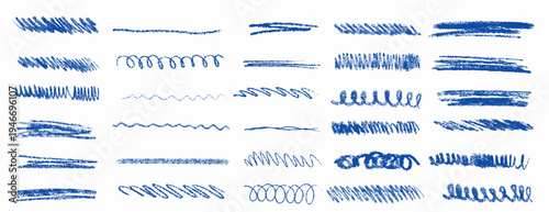 Blue grunge pencil line sketch hand drawn simple doodle style. Minimalist brush pastel chalk crayon underline highlight. Vector pen scribble collection.