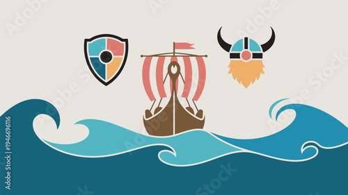 A colorful illustration of a Viking ship sailing on waves with a shield and helmet