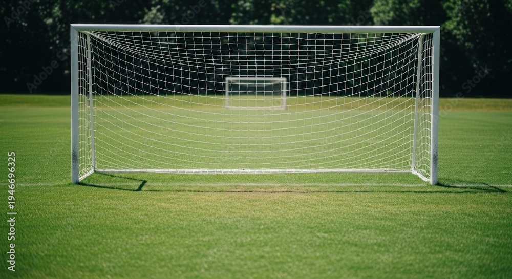 Fototapeta premium A white soccer goal stands on vibrant green grass, another goal in the background