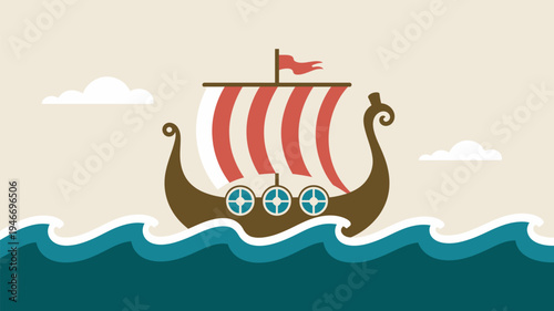 A cartoon Viking ship sailing across the ocean with red and white sails