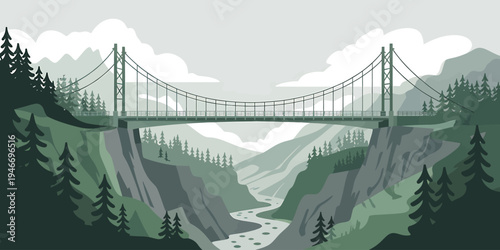 Suspension bridge over river in valley with mountains and trees  landscape scene