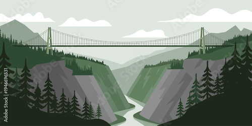 Suspension bridge over river in valley with mountains and trees  landscape scene
