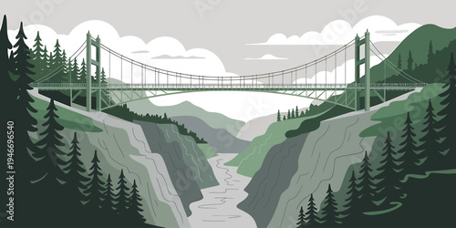 Suspension bridge over river and valley with mountains and trees  scenic landscape view