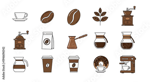 Collection of coffee related objects and accessories for drink preparation