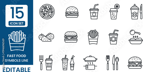 Collection of 15 editable fast food icons and symbols for restaurants and menus