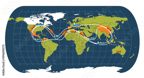 World map with global connections and trade routes on blue grid background
