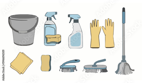 Hand drawn household cleaning tools collection with bucket sponge mop and spray bottle vector set