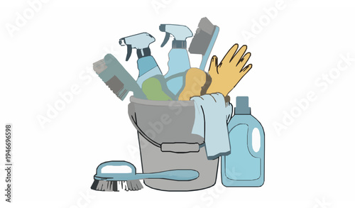 Hand drawn household cleaning supplies bucket with spray bottles sponge and gloves vector illustration set
