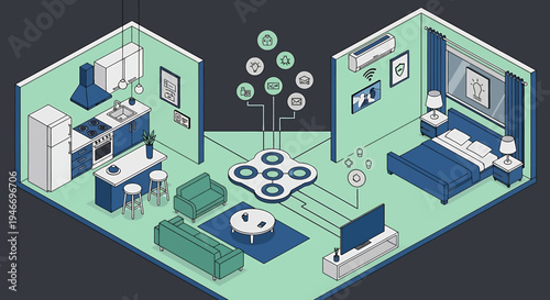 Isometric smart home interior with kitchen living room and bedroom connected devices