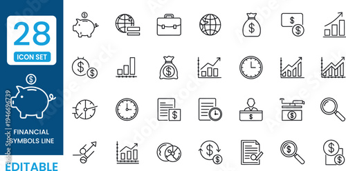 Editable vector icons of business finance and management concepts in line style