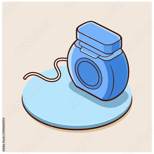 Isometric Cartoon Illustration of Blue Dental Floss Dispenser with Thread on Light Blue Round Base and Beige Background