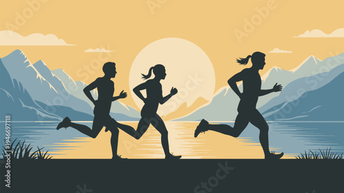 Three silhouetted runners jogging along a serene lake shore at sunset with majestic mountains in the background