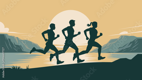 Three people running along a serene lake shore at sunset with mountains in the background