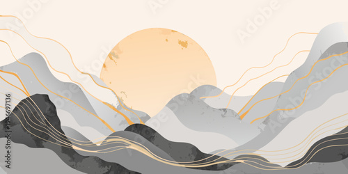 Abstract landscape with a golden sun rising over mountainous terrain