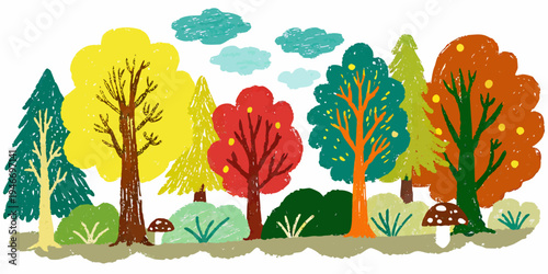Colorful illustration depicting a forest with trees and mushrooms