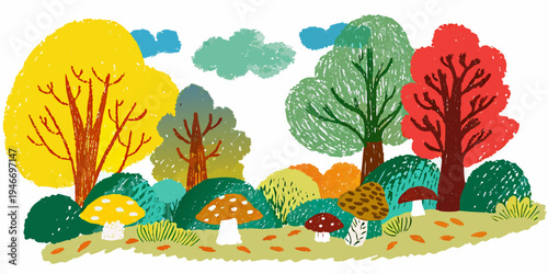 Colorful illustration depicting autumn trees mushrooms and a whimsical forest scene