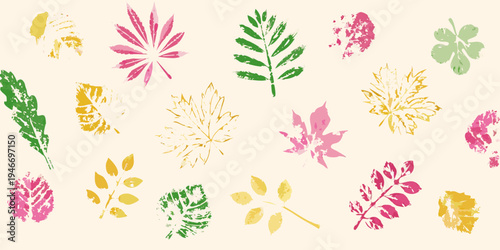 Colorful botanical prints of various leaves scattered on a beige background