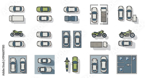 Top-Down View of Various Vehicles and Parking Spaces.