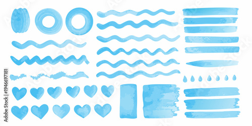 Watercolor brush strokes and shapes in varying shades of blue