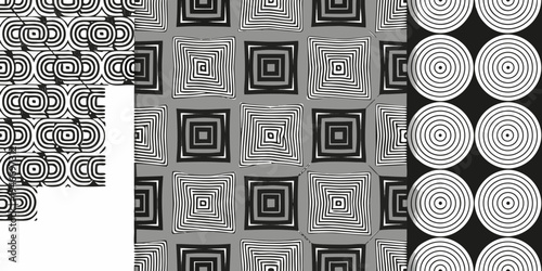 Abstract geometric patterns in black and white showcasing optical illusions