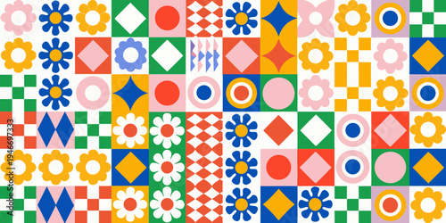 Colorful geometric pattern featuring floral and diamond shapes in a grid