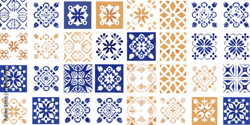 Assortment of patterned rectangular tiles in blue orange and white