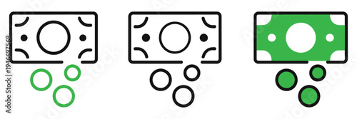 Set line stacks paper money cash icon isolated on white background, money banknotes stacks, bill currency