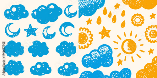 Child s drawing of celestial bodies and weather patterns in bright colors