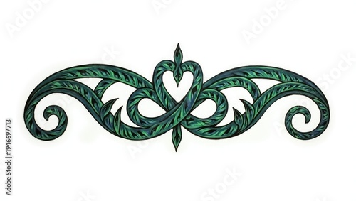 A symmetrical, stylized floral design featuring interwoven leaf-like patterns in shades of green on white