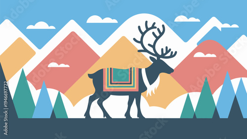A colorful illustration of a reindeer walking in front of a vibrant mountain range with trees and clouds