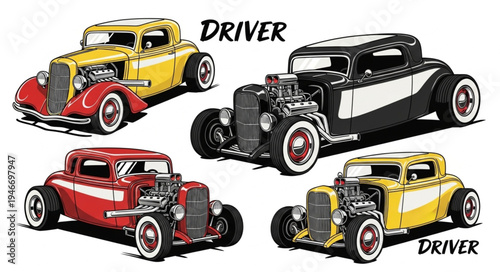 Vintage Hot Rod Cars Collection - Classic American Automotive Art.