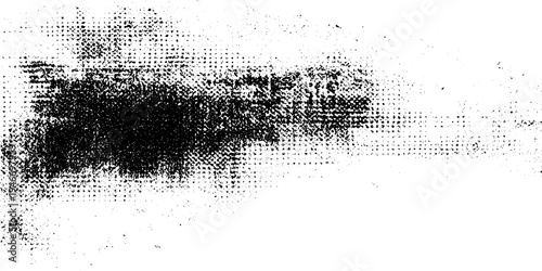 Black and White Halftone Dot Texture with Distressed Text Overlay, Abstract Grunge Pattern on White Background.