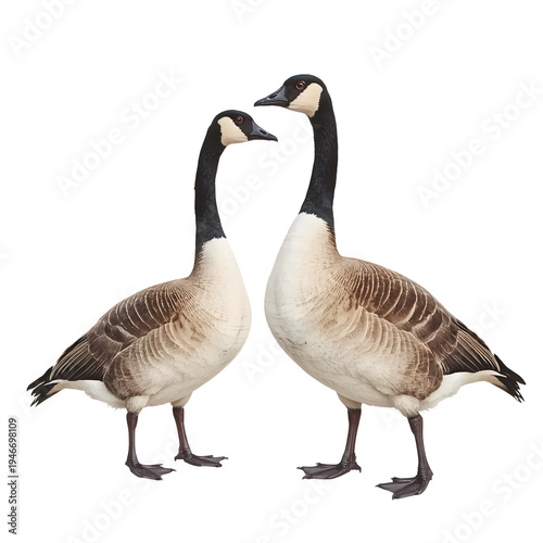 Two canada geese standing side by side on a white background looking at each other
