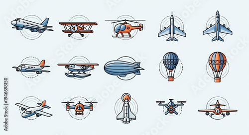 Diverse Collection of Aviation Icons in Vintage Style.
