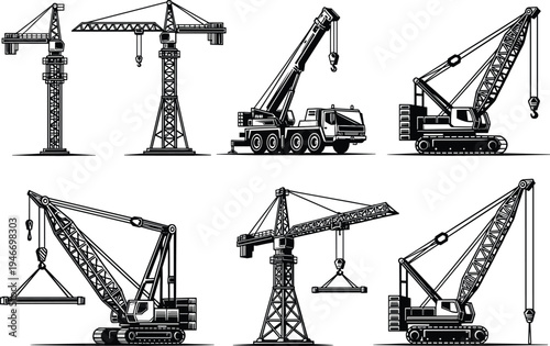 Construction cranes and heavy lifting machinery silhouettes set, tower crane mobile crane crawler crane equipment for construction site, industrial engineering and building industry illustration