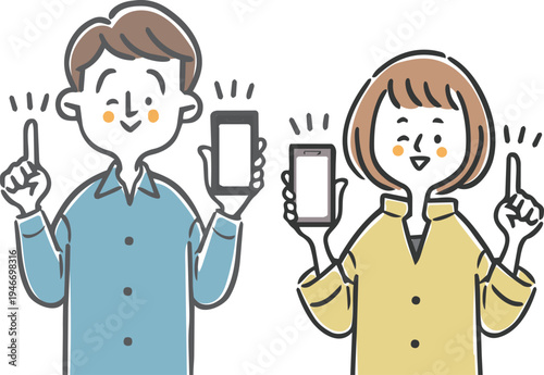 スマホを持って説明する夫婦のイラストセット　上半身　ベクター