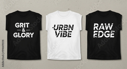 Three T-Shirts with Bold Text Designs - Grit  Glory, Urban Vibe, Raw Edge.